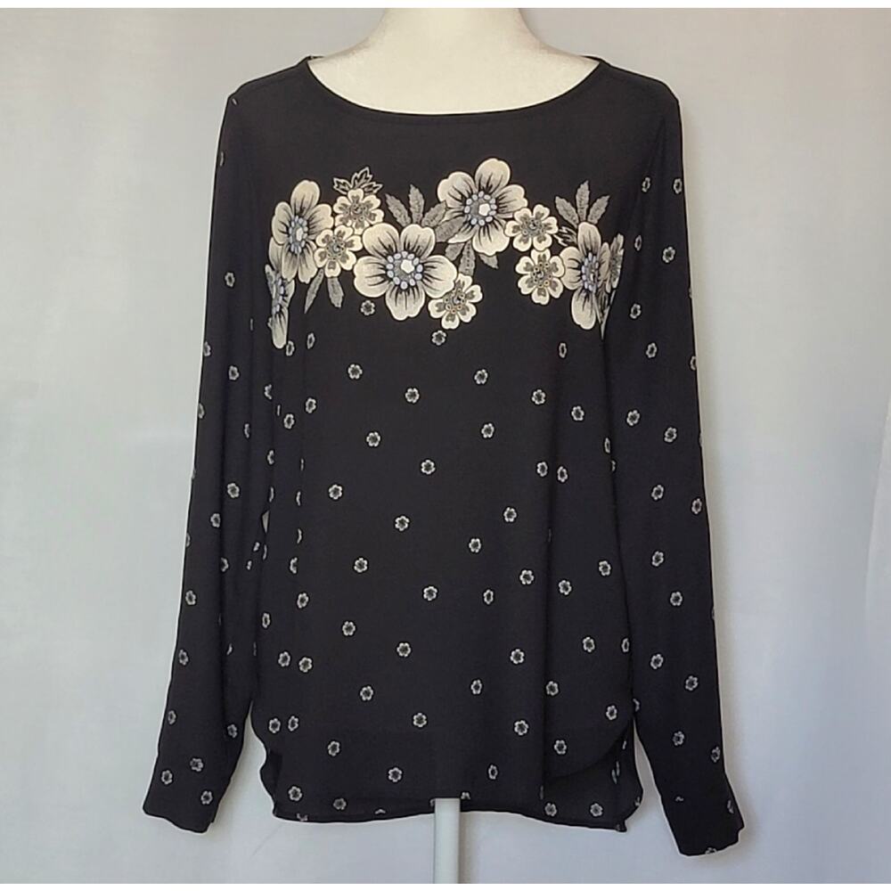 Ann Taylor Loft Black w/Cream Floral Long Sleeve Womens Career Top Blouse Sz: M